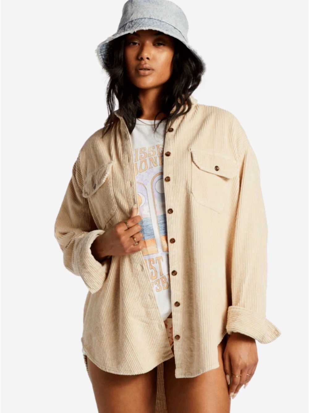 Billabong Oversized Corduroy Shacket Cream Button Down Jacket L EUC 100% cotton